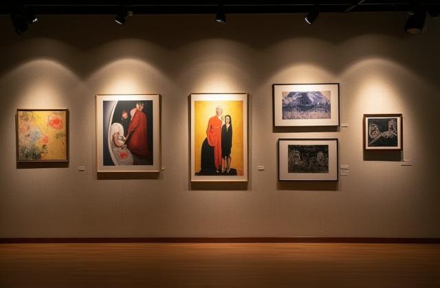 Individuelle spotlys som fremhever kunstverk på en vegg, elegant rom.