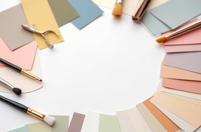 Fargepalettprøver og pensler på et bord, fokus på utvalg.